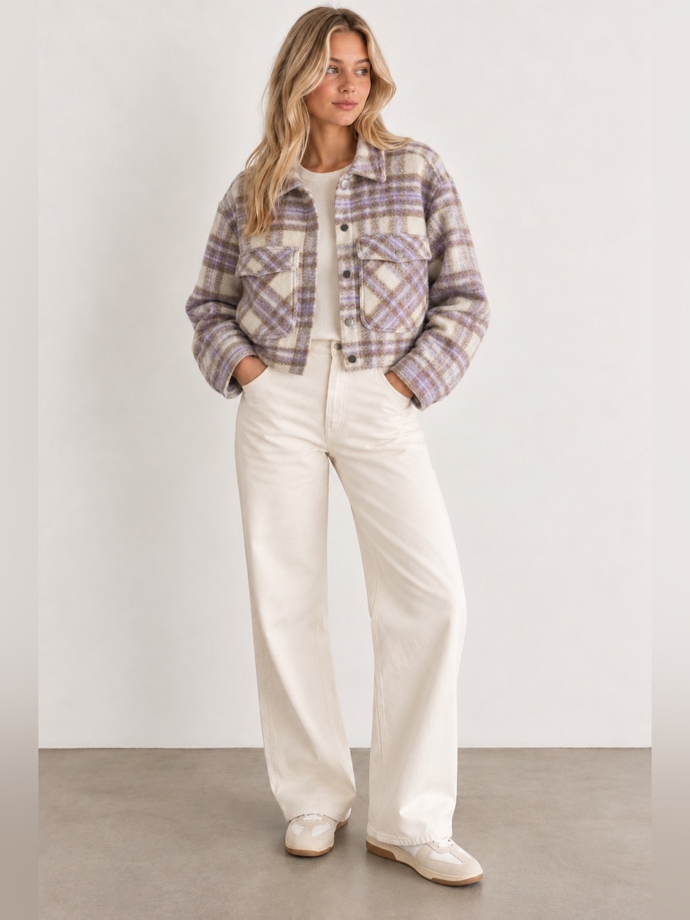 Zara Purple and Tan Plaid Wool Blend Boxy Cropped Jacket Size Small